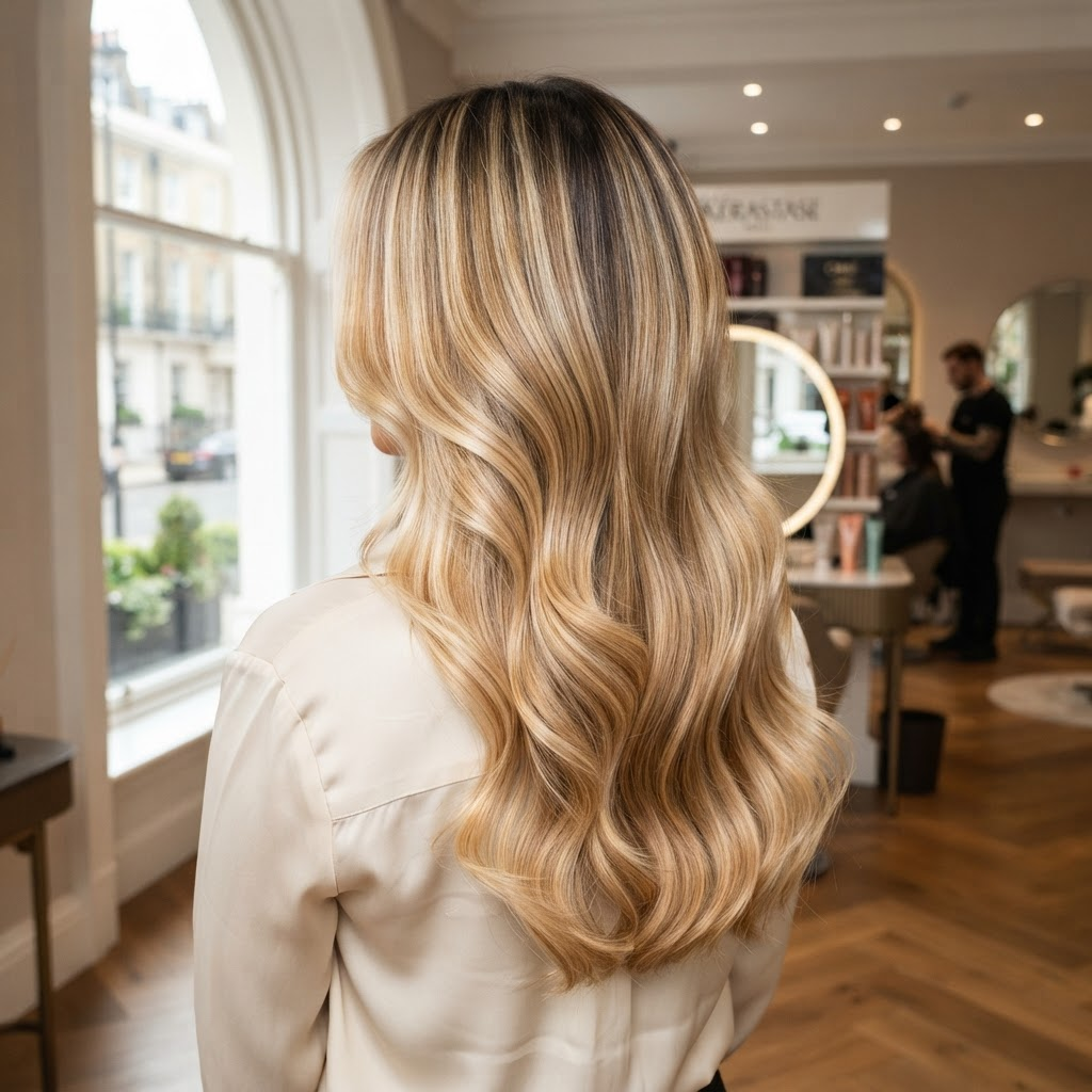 Dimensional golden balayage — 6 hours well spent. Swipe for the before.